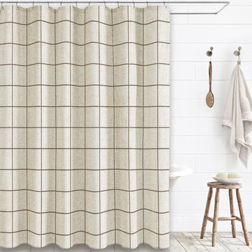 Farmhouse Plaid Shower Curtain Beige Linen Shower Curtains Natural Beige Pattern 72 x 72 Inch