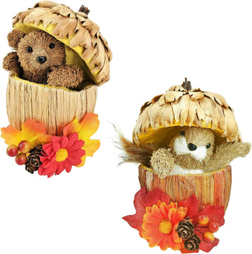 6.5 Inches Acorn Decor of Sisal Bear Squirrel Figurine for Fall - Set of 2