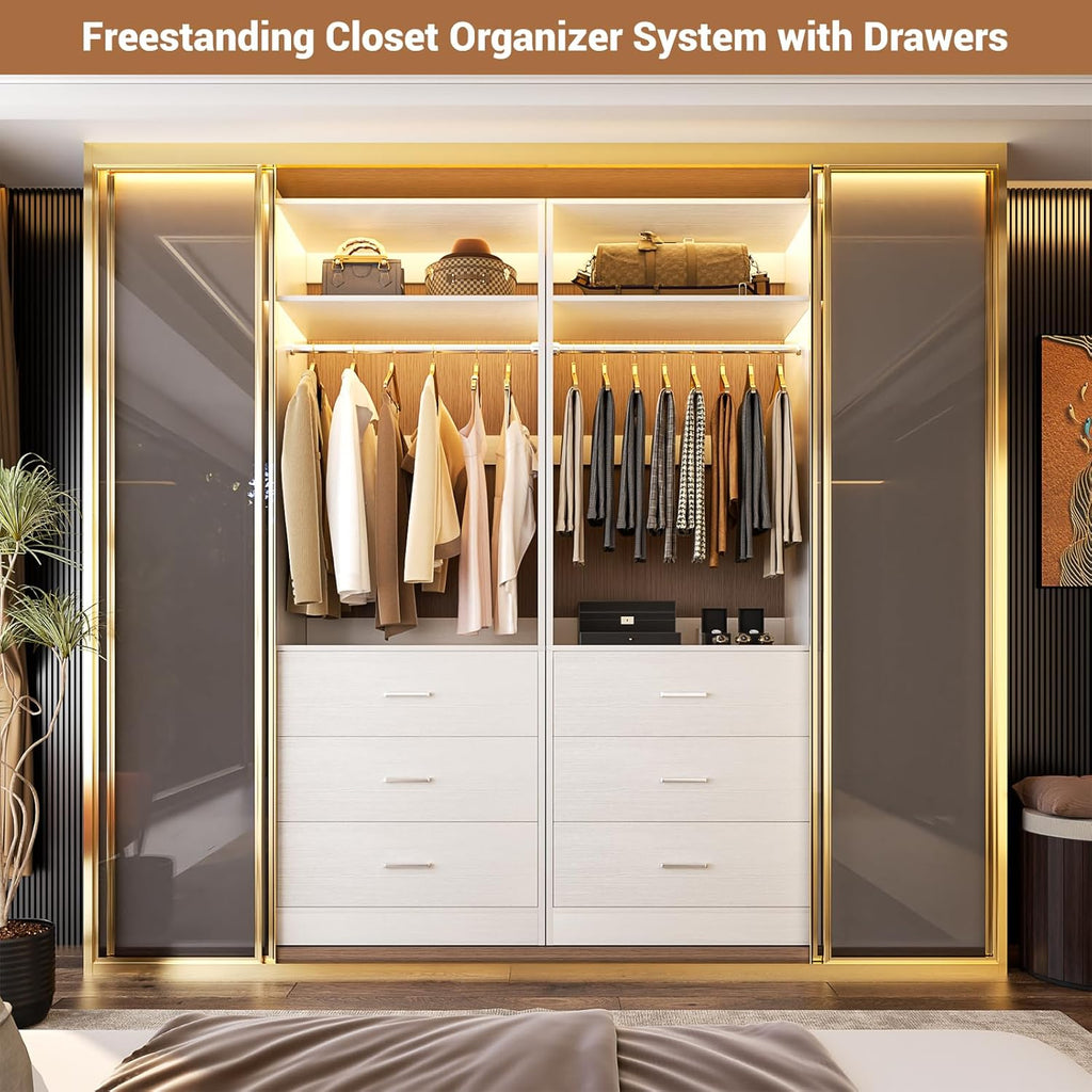 4FT Closet Systems with 6 Wood Drawers, Closet System Set of 2 | 48" Closet Organizer System with 2 Hanging Rods & 2