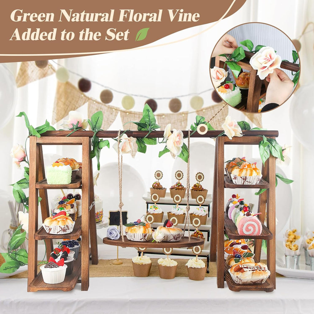 Wooden 3 Tier Cupcake Stand with Swing and Flower Decoration Serving Removable Tray Display Serving Ladder Foldable