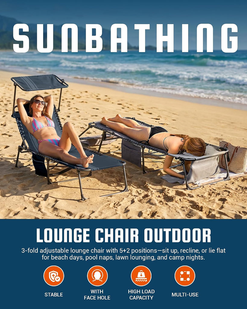 400LBS Lounge Chair with Face Hole & Canopy Shade, Blue/Grey | Folding Portable Tanning Chair with Pinch-Proof Safety