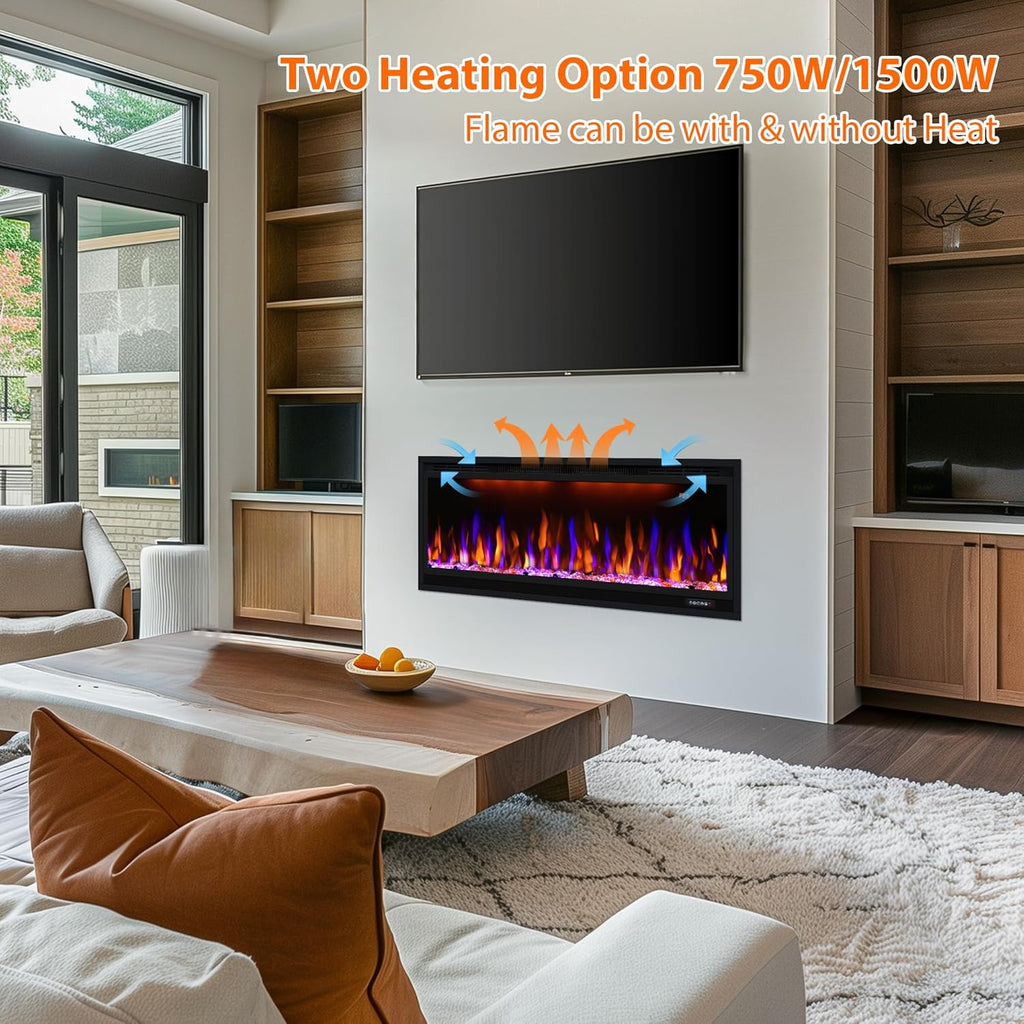 Smart 50 inch WiFi-Enabled Electric Fireplace Inserts, Wall Mount & in Wall recessed Fireplace Heater