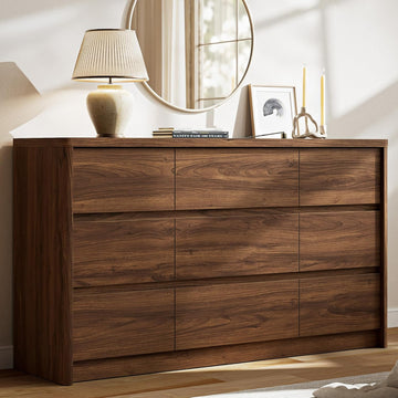9 Drawer Walnut Dresser , 55" Wide Modern Chest of Drawers with 9 Large Storage Space with Curved Edge Design, Large