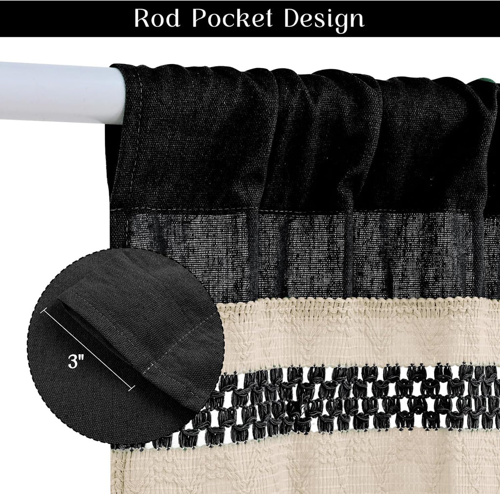 Farmhouse Linen Valance for Windows Boho Crochet Short Curtain with Tassel Country Black Valance Light Filtering Rod