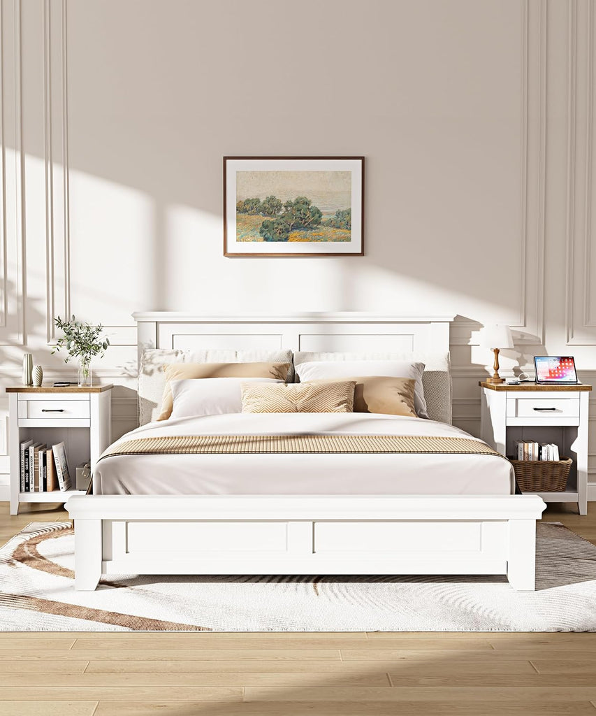 Farmhouse Nightstand with Charging Station & Large Storage, Set of 2 Modern End Tables with Outlets, USB Ports and