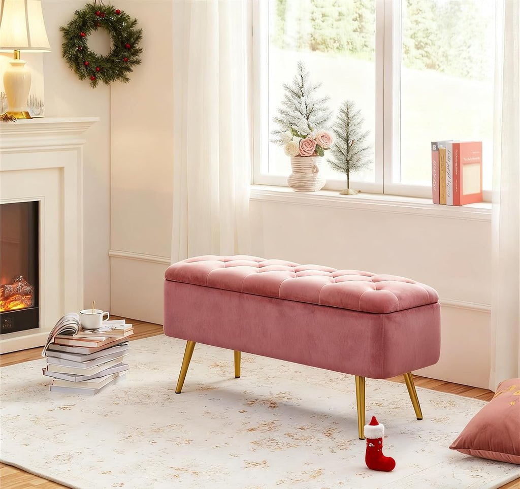 43in Velvet Storage Ottoman Bench End of Bed, Pink | Button-Tufted Ottoman Bench with 1.9C Storage Space, Tapered
