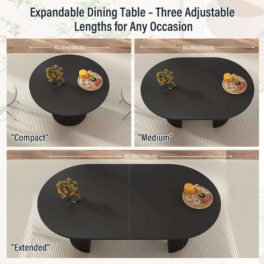 41 in-78 in Extendable Dining Room Table for 4-8, Round Expandable Kitchen Table with Fluted Base, Modern Oval Dinner