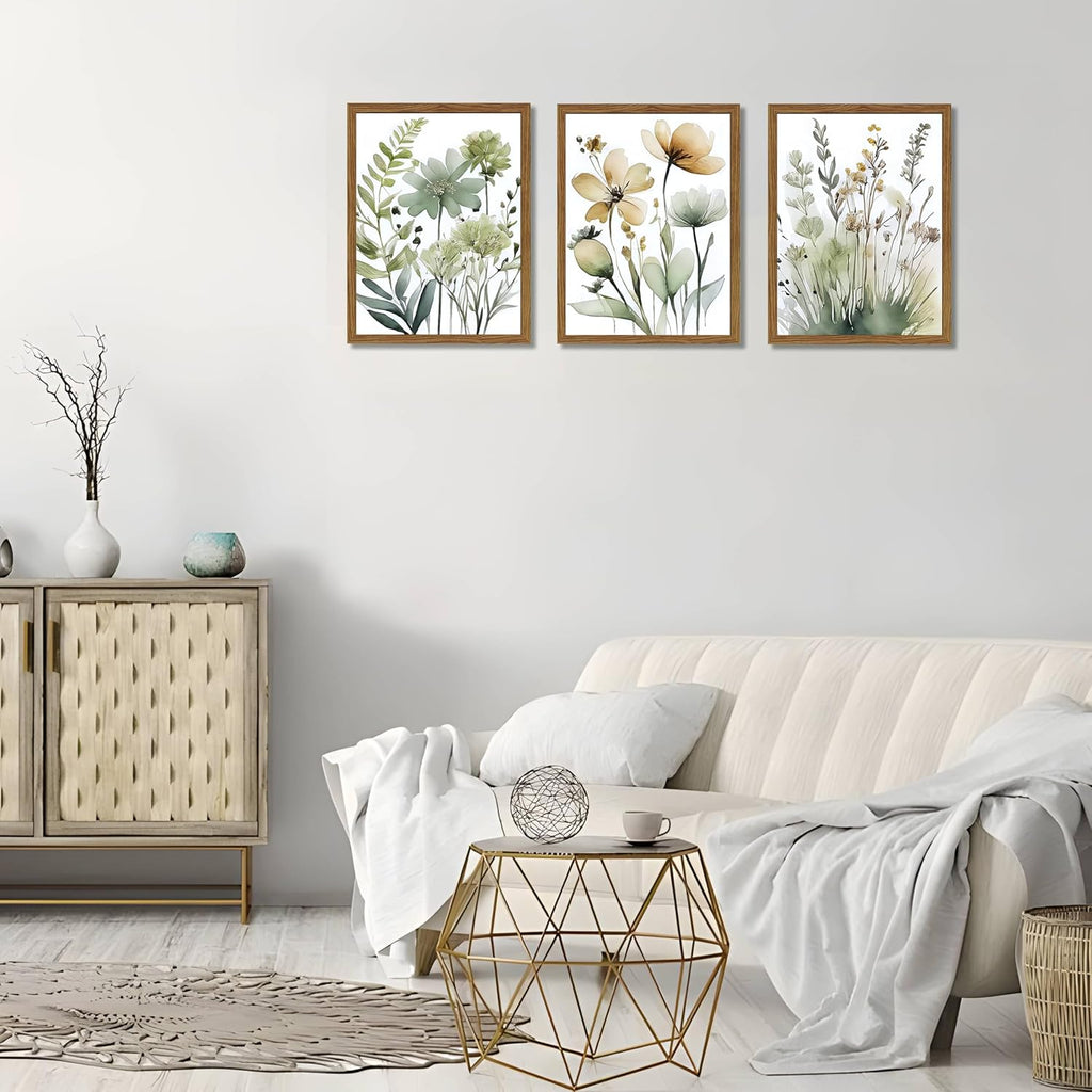 Wood Framed Sage Green Botanical Wall Art Set of 3, Boho Floral Canvas Wall Decor Paintings, Minimalist Flower