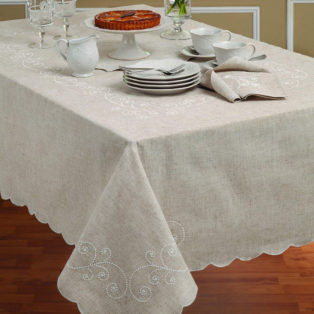 French Perle Linen Embroidered Tablecloth, Linen, 60" W x 84" L