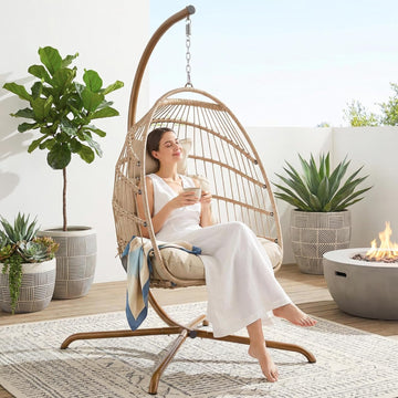 Hanging Egg Chair with Stand Indoor Outdoor, Comfy Patio Rattan Swing Hammock Chairs with Cushion, 350lbs Capacity