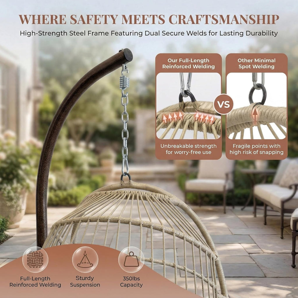 Hanging Egg Chair with Stand Indoor Outdoor, Comfy Patio Rattan Swing Hammock Chairs with Cushion, 350lbs Capacity
