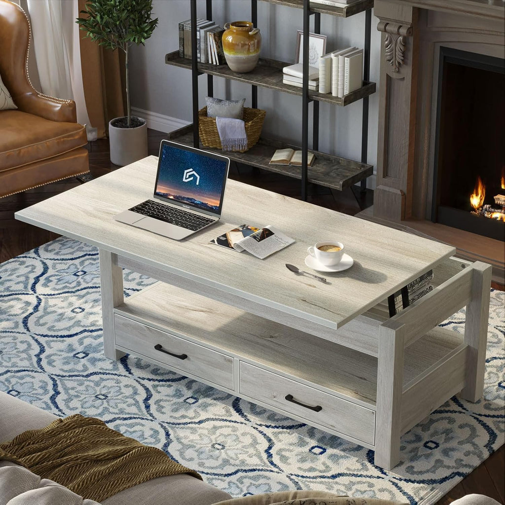 Coffee Table, Lift Top Coffee Table with Drawers and Hidden Compartment, Living Room Table with Wooden Lift Tabletop