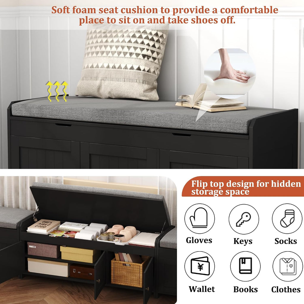 41.3" Shoe Bench with Lift Top Storage, Entryway Bench with Cushioned Seat, Wooden End of Bed Bench, Shoe Cabinet