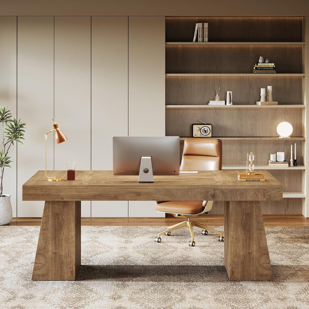 55-Inch Executive Desk, Thick Wood Office Computer Desk with Double Pedestal