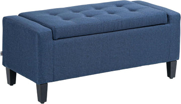 36" Ottoman with Storage, Lift Top Rubberwood Legs 330 lb Dark Blue | Storage Ottoman Bench, Linen Upholstered