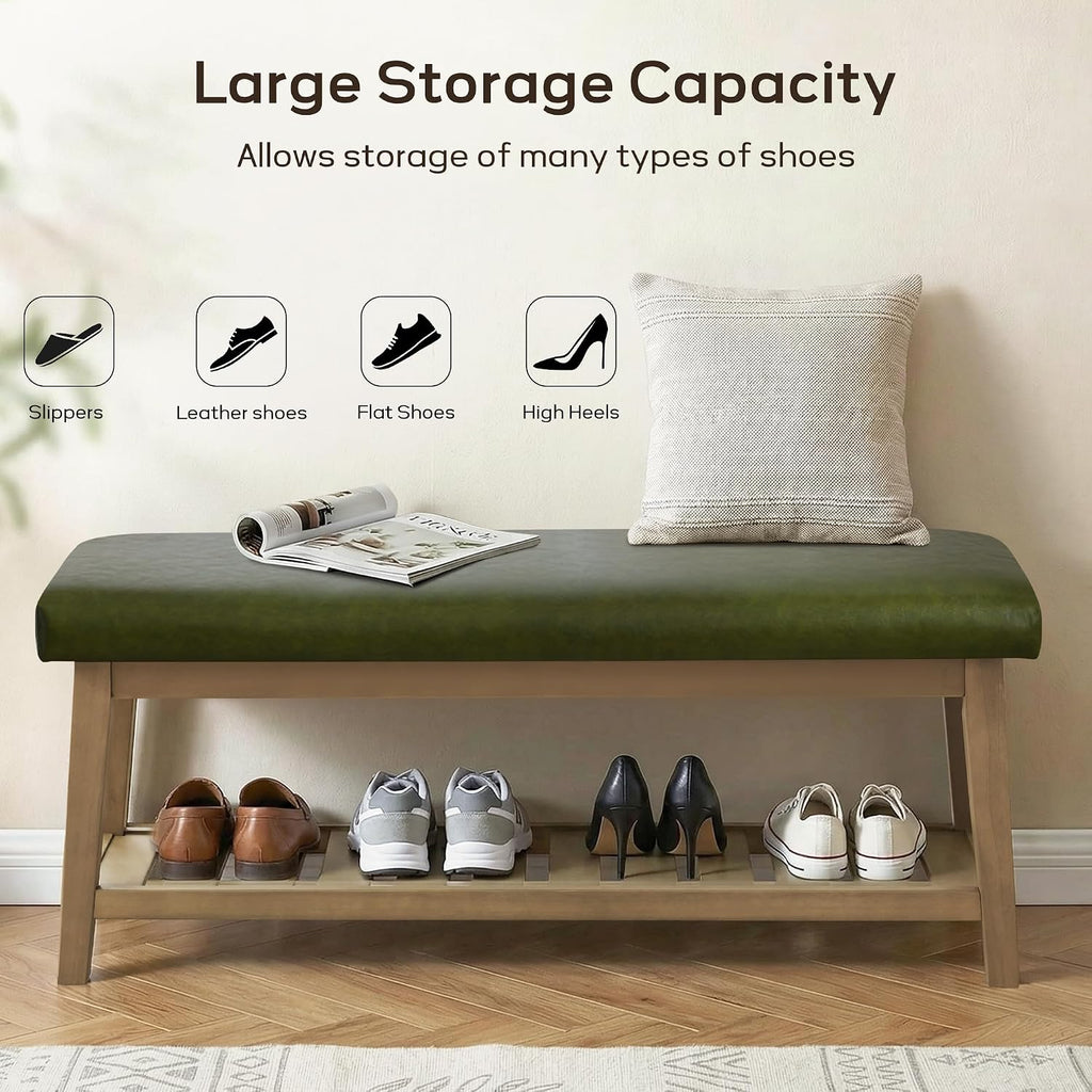 Entryway Shoe Bench with Cushion, End of Bed Bench,Upholstered Bench , Bench with Solid Wood Shelf, Leather Ottoman