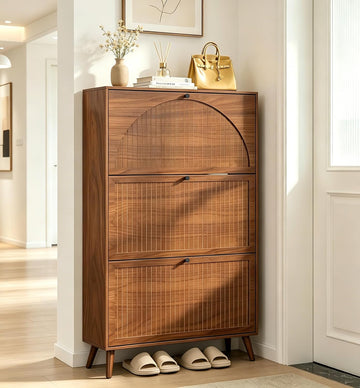Shoe Storage Cabinet with 3 Flip Drawers, Narrow Shoe Organizer with Fluted Panel, Freestanding Wood Hidden Shoe