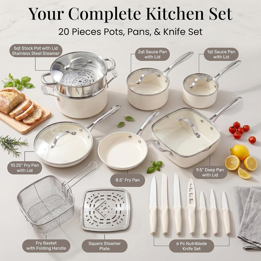 20pcs Pots and Pans Set Non Stick Ceramic Cookware Set with Deep Frying Pan Set & 6pc Knife Set, Made without PFOA