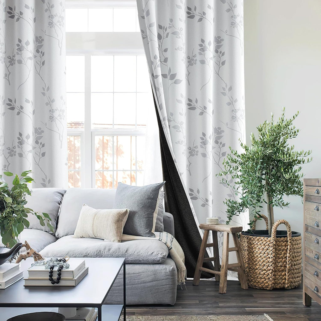 Floral 100% Blackout Curtains 2 Panels for Bedroom Living Room Grey White Flower Patterned Room