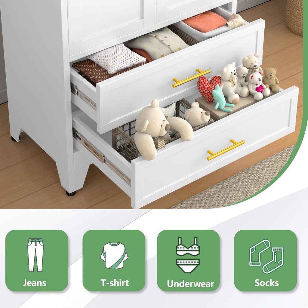 71" H Metal Armoire Wardrobe Closet with Drawer, Adjustable Shelf, Clothes Drying Pole, Clothes Storage Closet (White)
