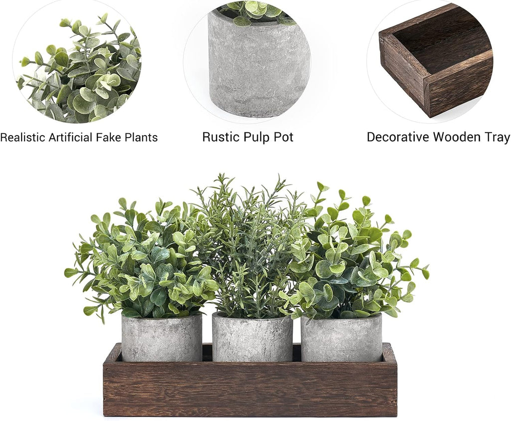 3 Pack Mini Potted Artificial Eucalyptus Fake Plants with Wood Tray Centerpiece Table Decorations, Farmhouse Pulp