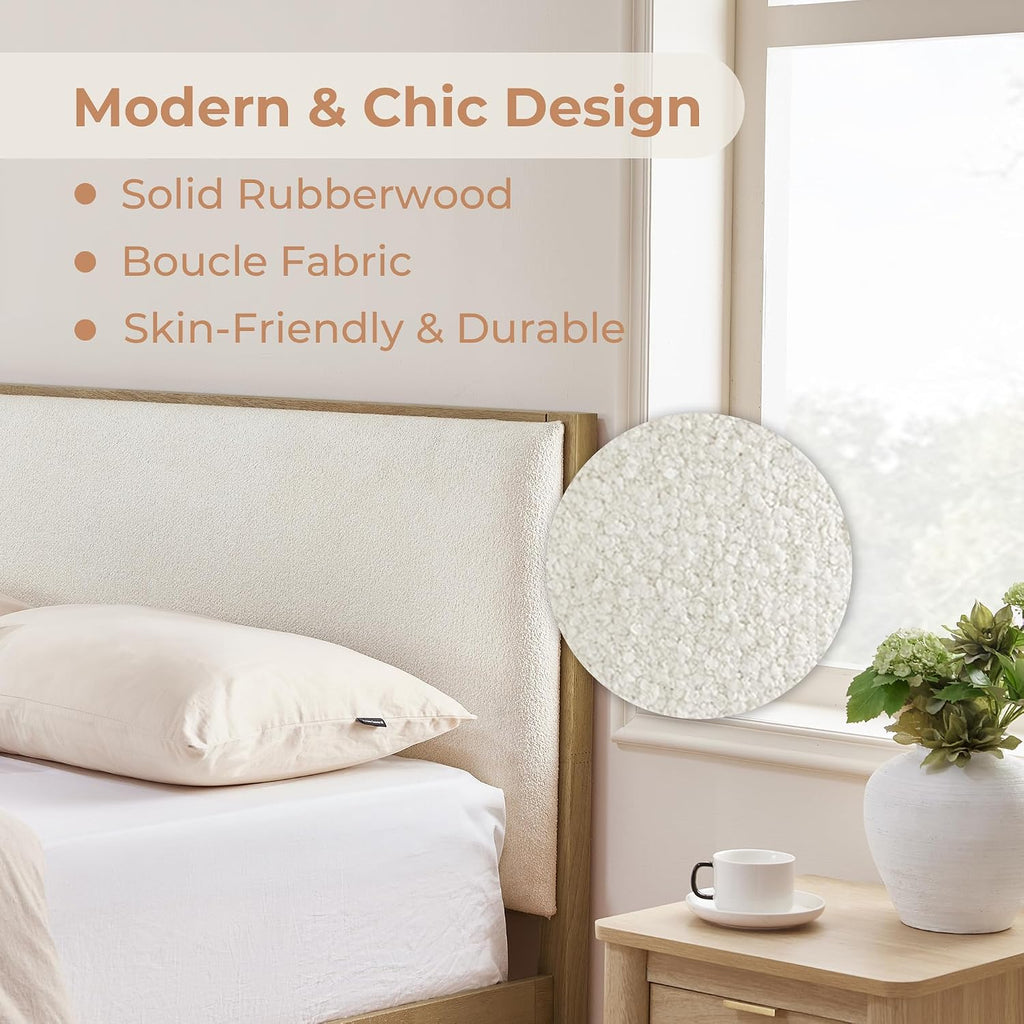 Queen Size Platform Bed Frame, with Boucle Upholstered Headboard, Oak