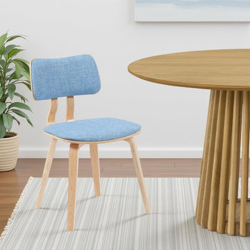 Mid-Century Dining Chair with Light Blue Fabric Upholstered Seat and Patterned Oak Wood Finish