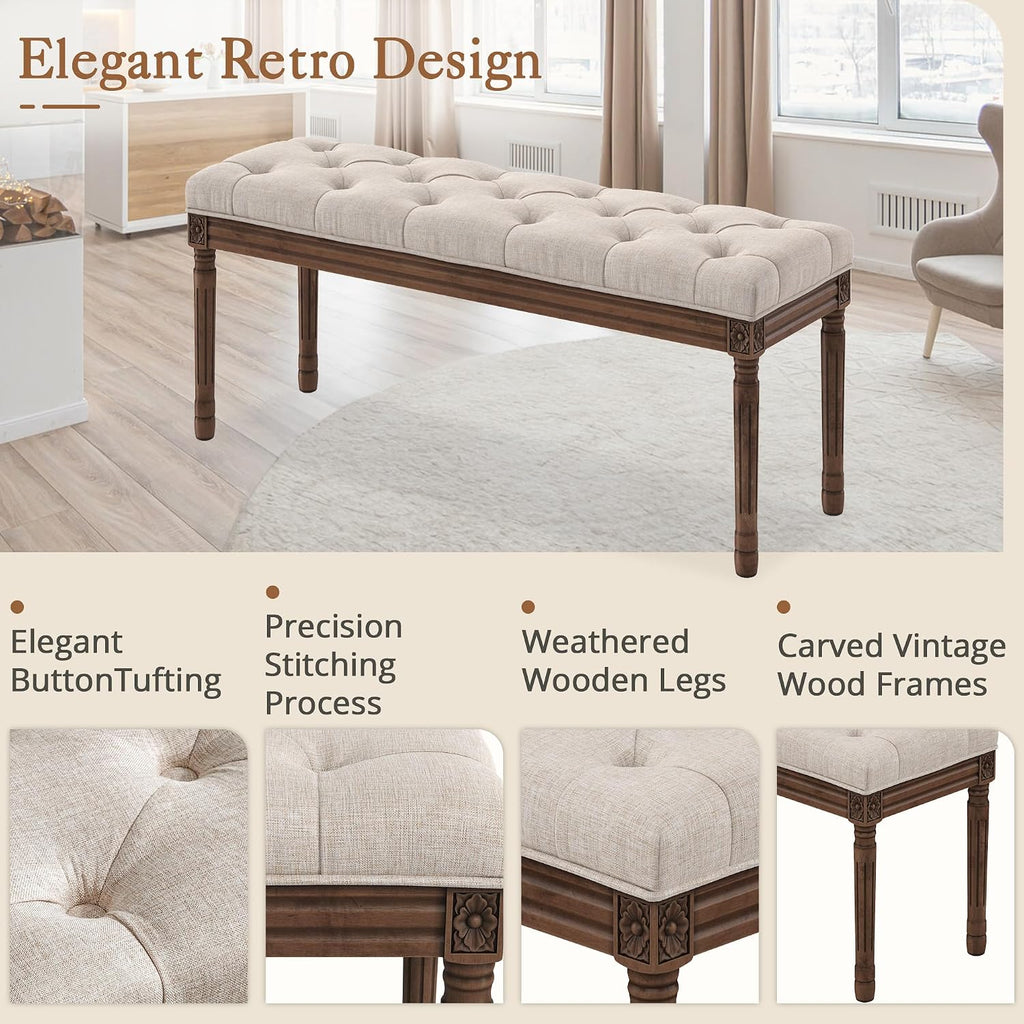 44" Bedroom Bench, Fabric End of Bed Bench, Upholstered French Tufted Ottoman Bench with Carved Dark Brown Wood Legs