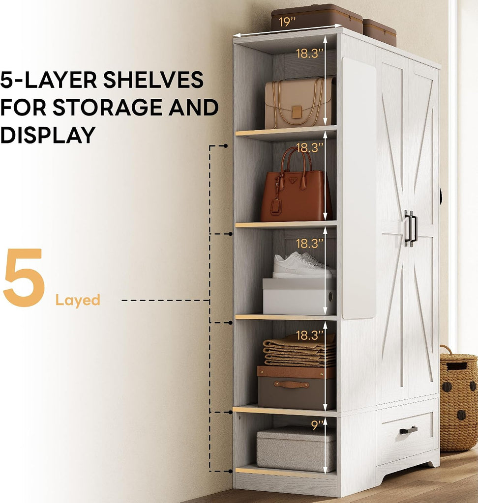 Armoire Wardrobe Closet 70 Inches, Large Storage with Mirror, 2 Doors, Drawer, and Shelves, Modern Bedroom