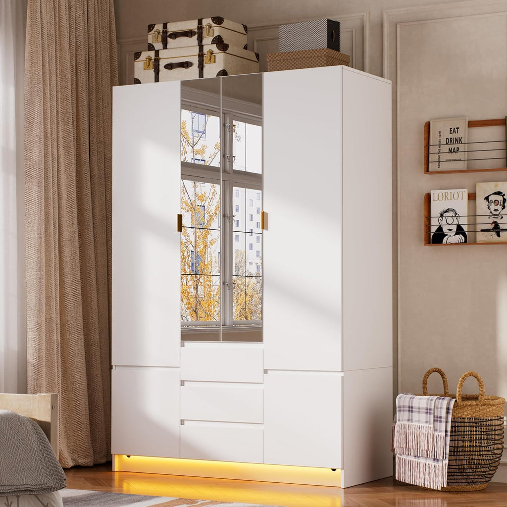 4 Doors Armoire Wardrobe Closet with Led Light & Mirror, Bedroom Large Capacity Freestanding Armoire Wardrobe with
