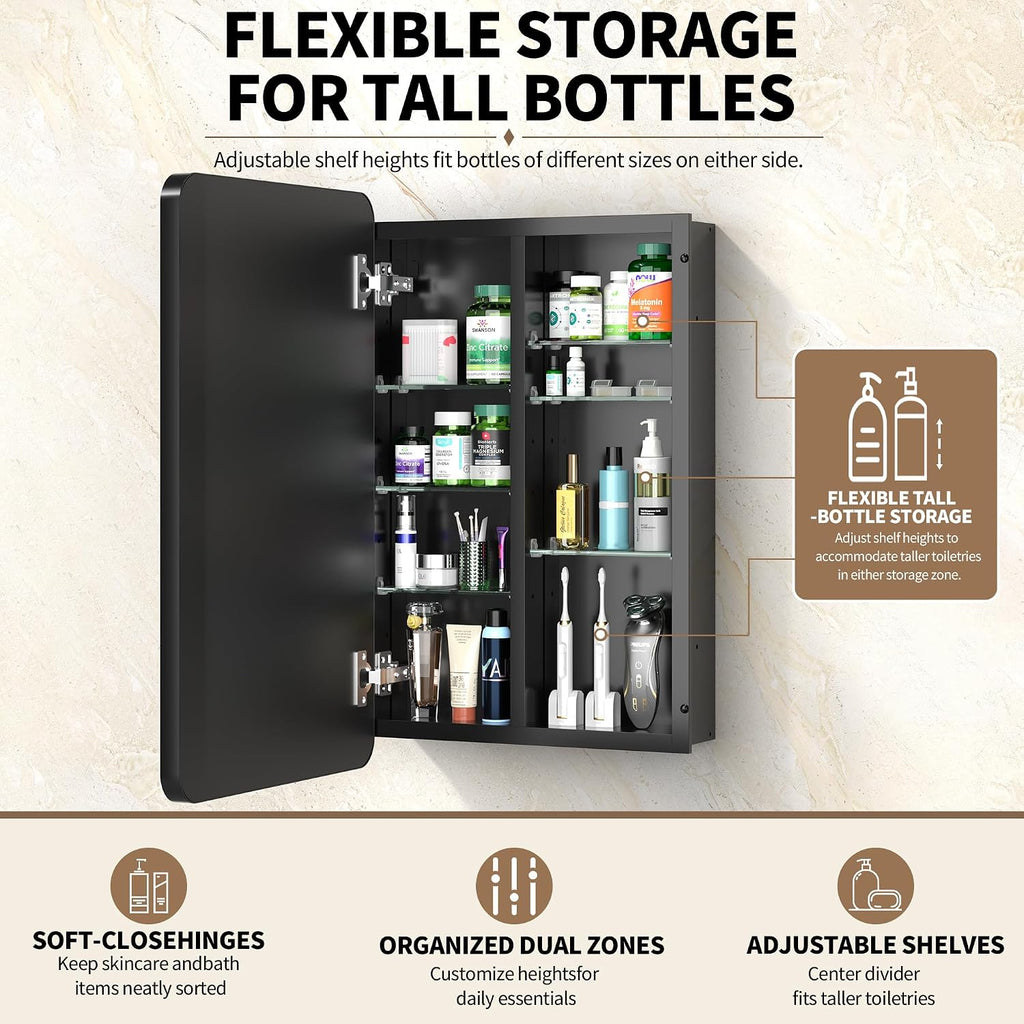 20x30 Black Medicine Cabinet with Mirror, Recessed & Surface Mount