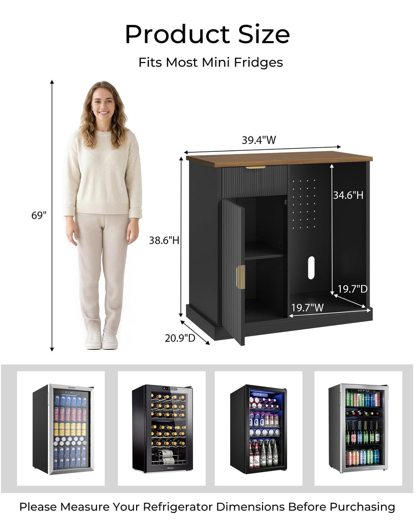 Fluted Coffee Bar with Fridge Space & Power Outlet, 39" Black