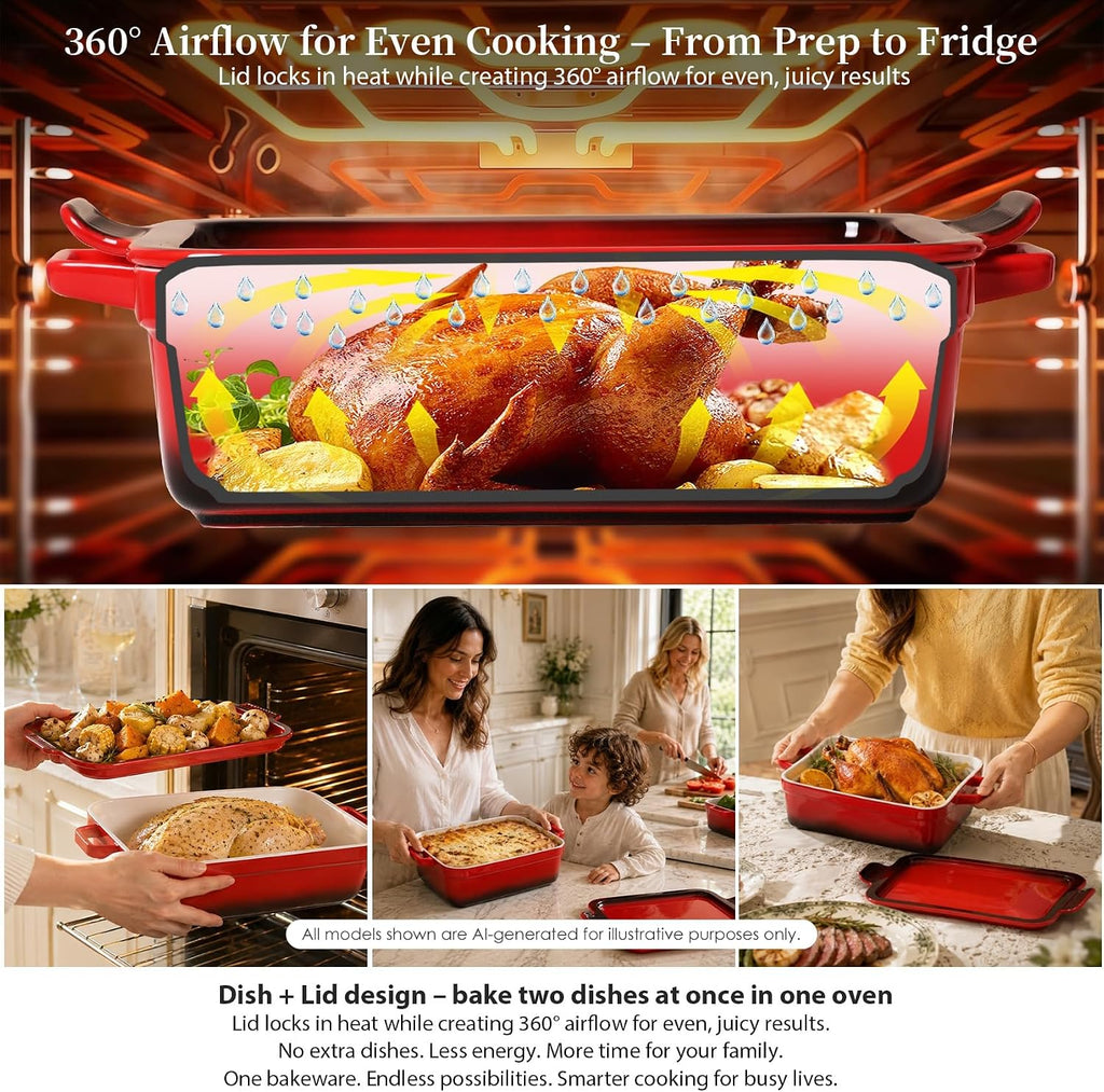 Ceramic Casserole Dish with Lid 6 Pcs, 2-in-1 Dish Set Stoneware Dishes for Oven, (13"x8"+8"x6"), 3.06Qt & 0.95Qt