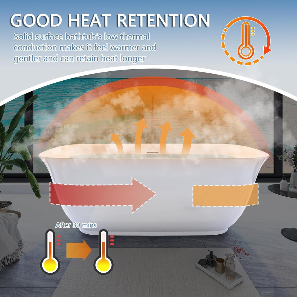59" Free Standing Tub, Pure Acrylic Freestanding Bathtub, Stylish Stand Alone Contemporary Deep Soaking Bath Tub