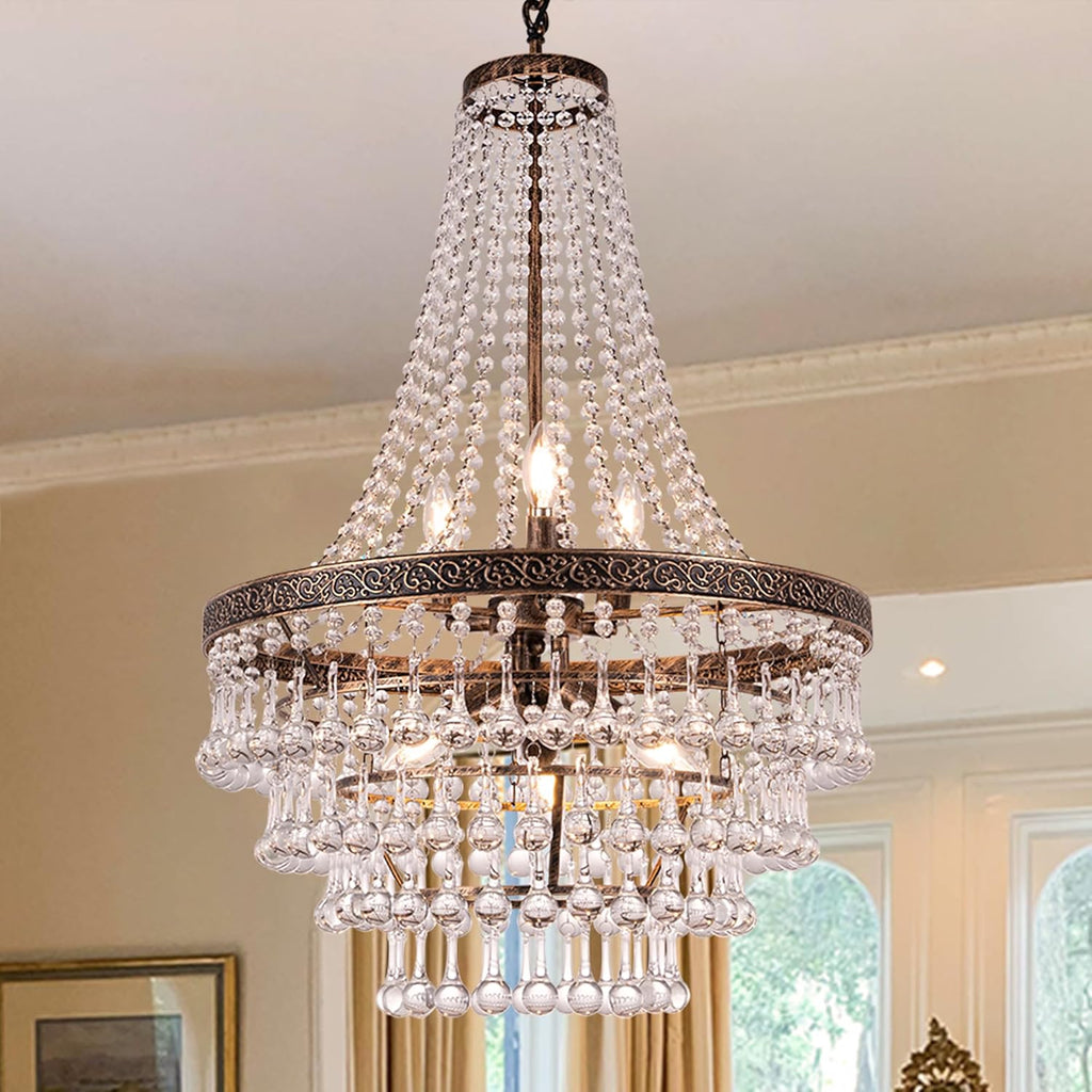 French Empire Crystal Chandelier Lighting Antique Bronze, 6-Light French Country Foyer Chandelier Pendant, Hanging Ceiling Lighting Fixture for Dining Room, 22" Dia x 35" H A108-B09W2C239V