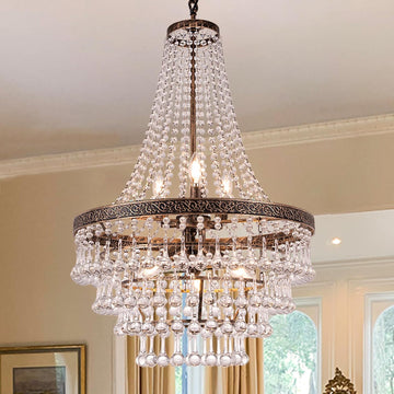 French Empire Crystal Chandelier Lighting Antique Bronze, 6-Light French Country Foyer Chandelier Pendant, Hanging Ceiling Lighting Fixture for Dining Room, 22" Dia x 35" H