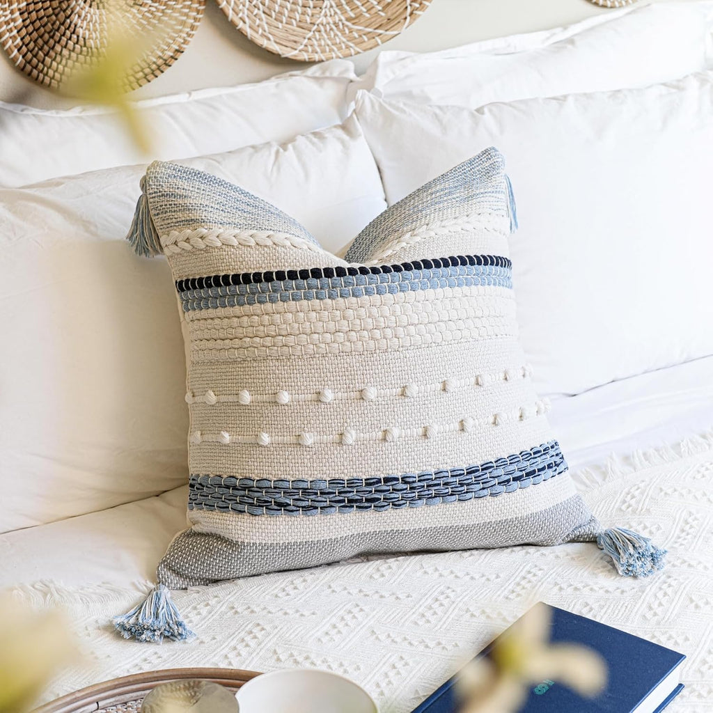 Coastal Blue Boho Decorative Throw Pillow Cover 20x20 Modern Bohemian Accent Pillow Case Square Woven Textured