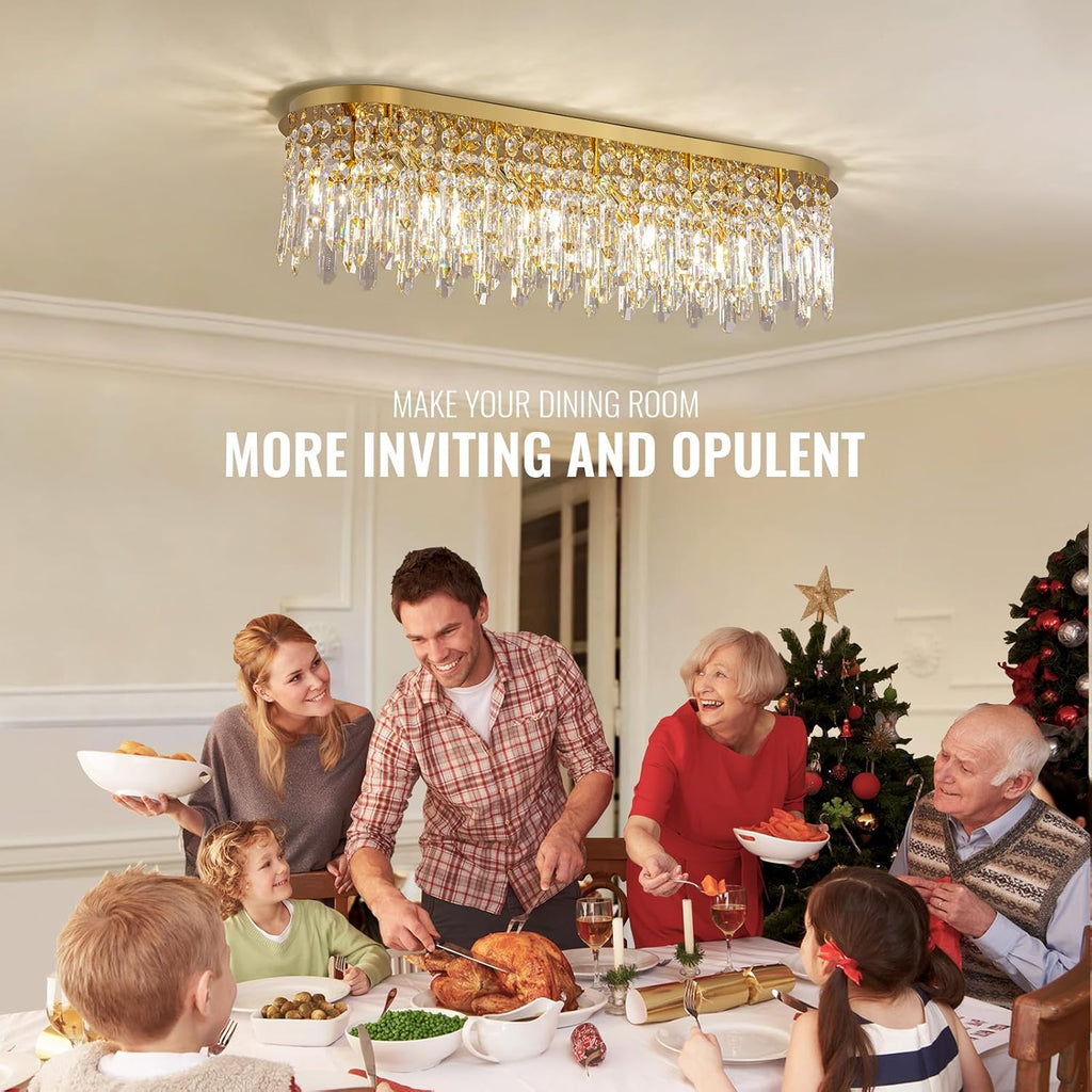 40'' Gold Crystal Chandelier for Dining Room, 10-Light Modern Flush Mount Crystal Ceiling Light, Luxury Dimmable K9