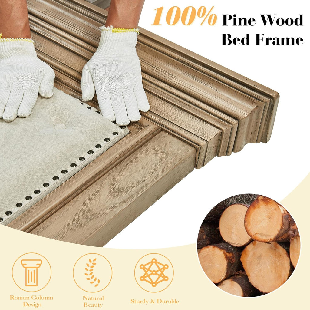 Solid Pine Wood Queen Bed Frame with 69" High Upholstered Headboard, Transitional Style Platform Bed, No Box Spring