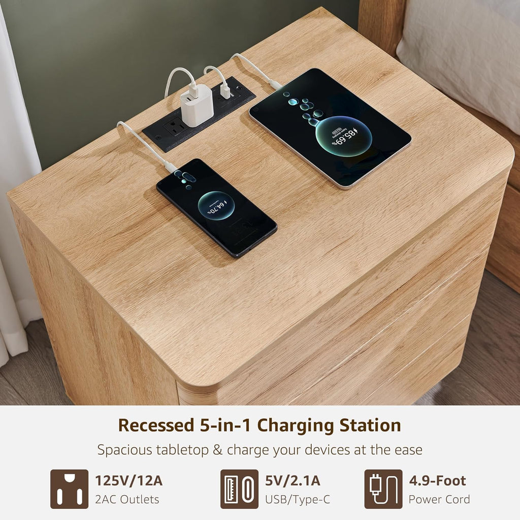 22" Modern Nightstand with Charging Station, Push-to-Open Handleless 3-Drawer Bedside Table, Large End Table with