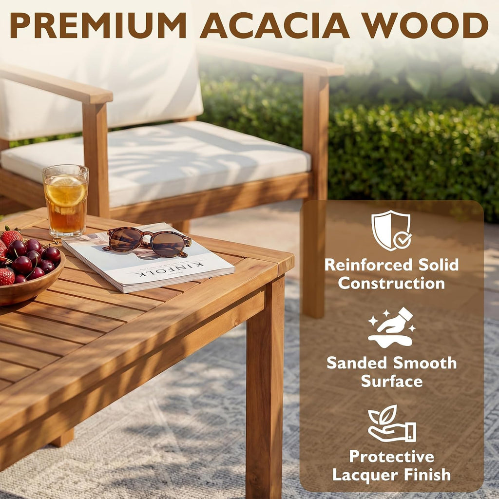 Patio Furniture 4 Piece Acacia Wood Outdoor Conversation Sofa Set with Table & Cushions Porch Chairs for Garden, Deck