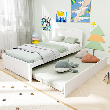 Twin Trundle Bed, Solid Wooden Pull Out Bedframe, Extendable Day Bed with Headboard and Soild Wood Slats Support