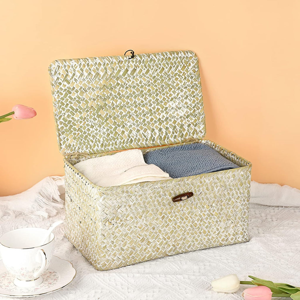 Seagrass Storage Basket Bins with Lid Handwoven Wicker Shelf Baskets | Rectangular Basket Household Organizer Boxes