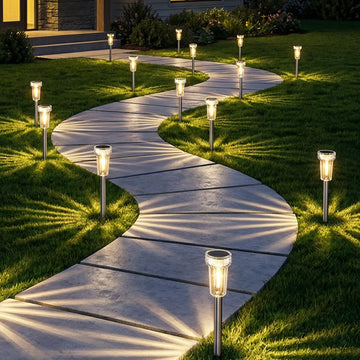 12 Pack Solar Pathway Lights Outdoor, Solar Powered Garden Lights Auto On/Off, Waterproof Stainless Steel Pole