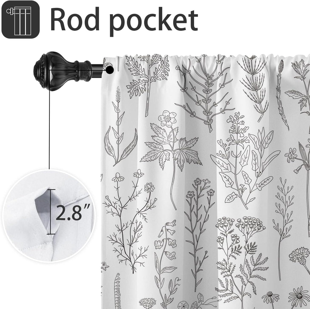 Vintage Floral Kitchen Window Curtains Small Short Mini Cafe Rod Pocket Retro Flower Black Grey and White Living Bedroom Room Home Treatment Set of 2 Curtain Panels Drapes Tiers