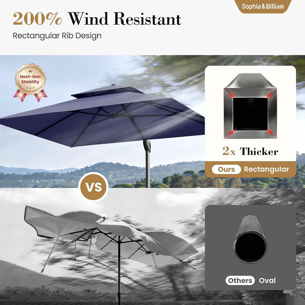 12ft Cantilever Patio Umbrella with Base, Large Rectangular Umbrellas with 360-degree Rotation