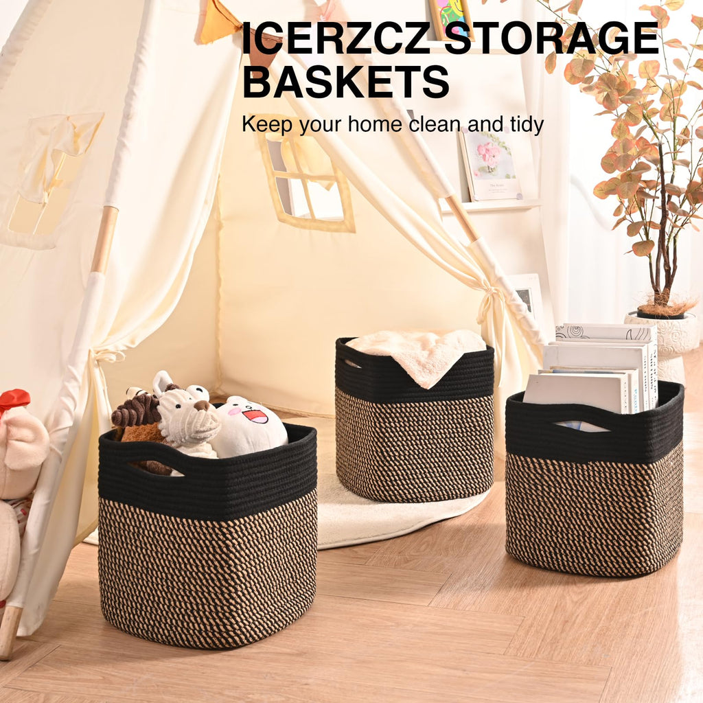 11 Inch Cube Storage Bins Woven Baskets, Black & Jute, Pack of 3