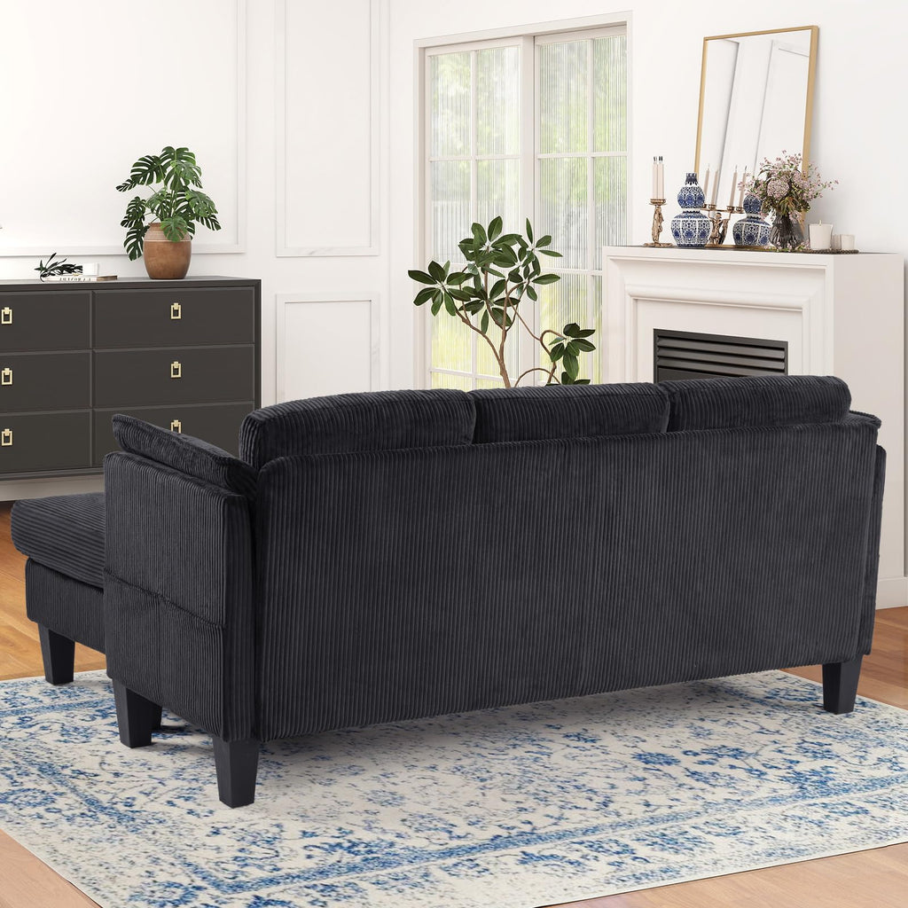 Modern Convertible L Shaped Sofa with Reversible Chaise, 3-Seater Corduroy Couch with Storage Movable Ottoman