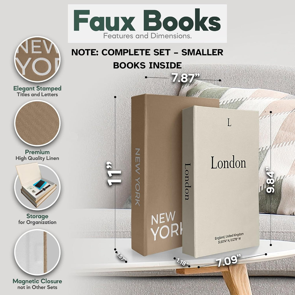 Faux Book Storage Box Set - Decorative Faux Books with Hidden Storage for Coffee Table Decor, Bookshelf or Mantle