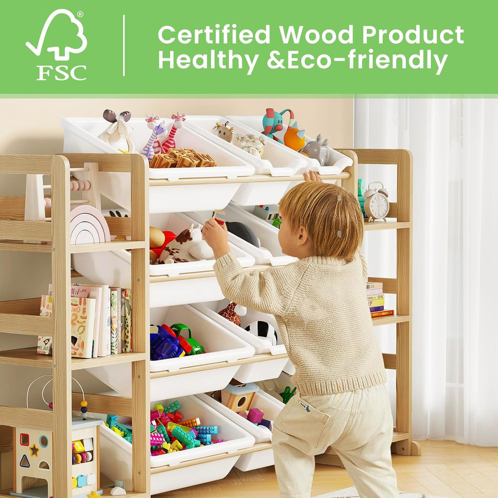 Extra Large Toy Storage - Toy Storage Organizer, Wooden Toy Organizer with 6 Side Shelves and 12 Bins, 3-in-1